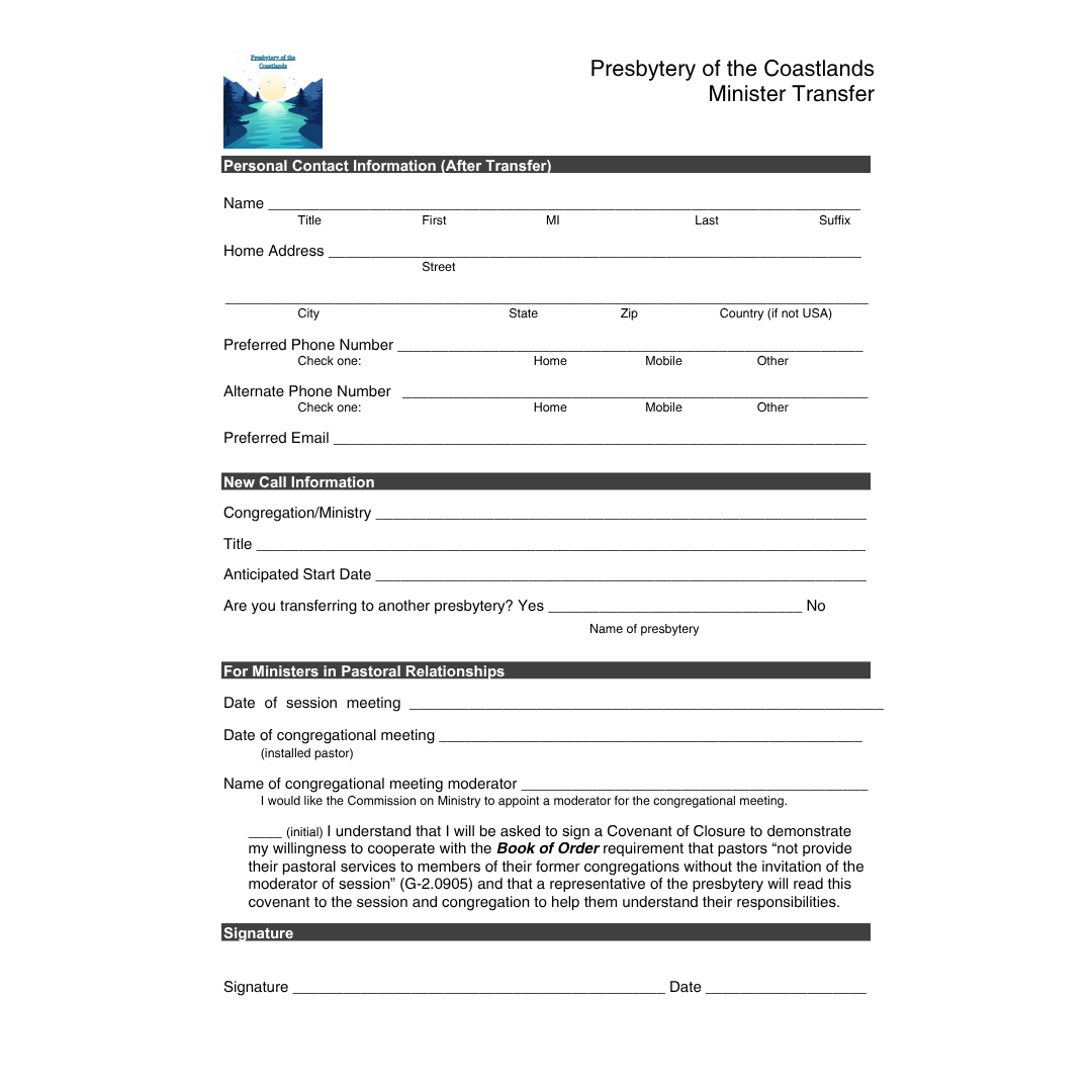 Minister transfer form outbound